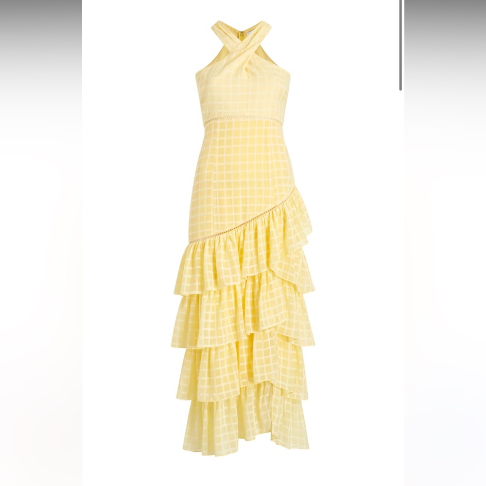 Likely Cocktail Dress Midi Ruffle Tiered Halter Sleeveless Yellow Reni Size 6
